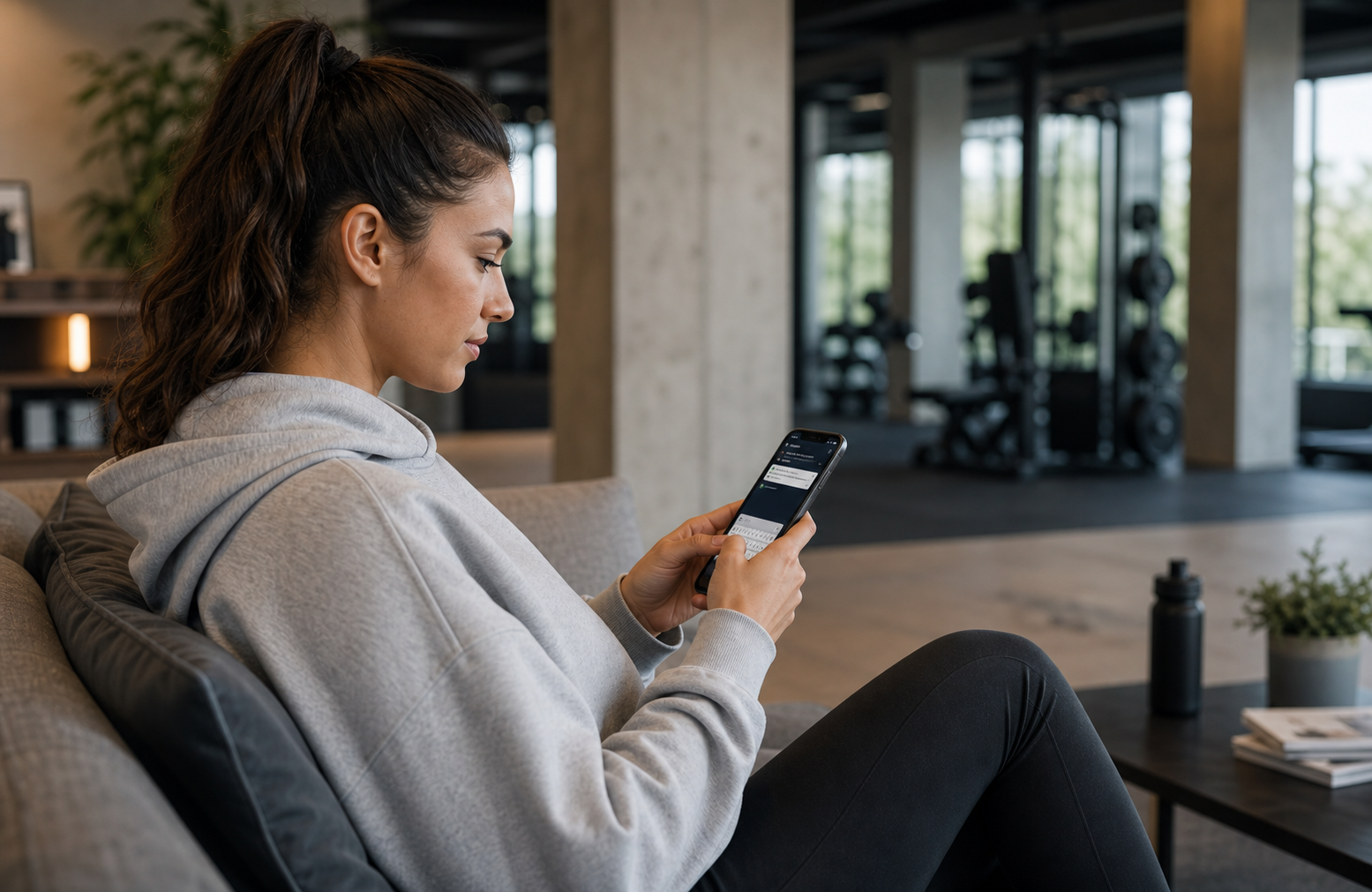 Clovek pise prvu spravu osobnemu trenerovi v pokojnom gym lounge priestore