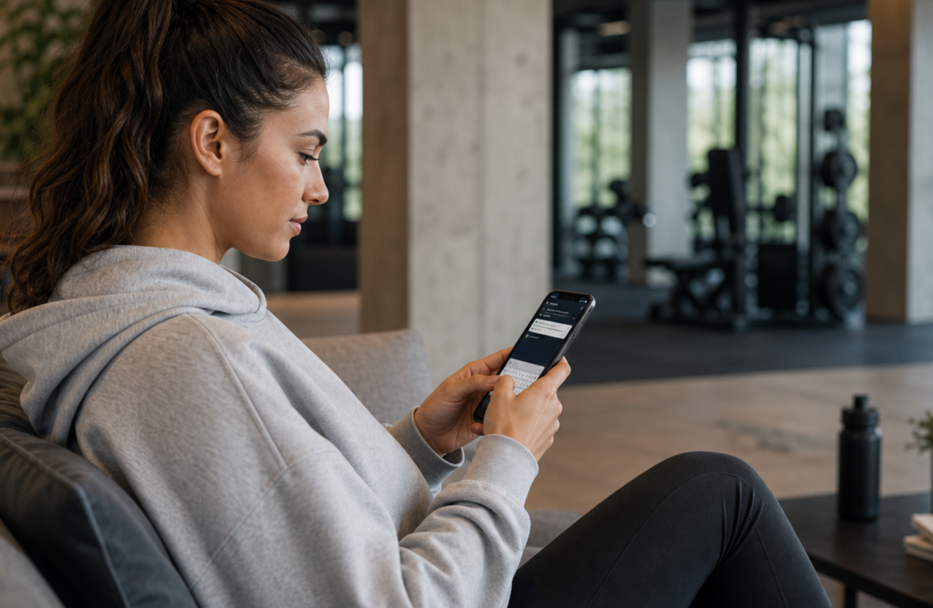 Detail telefonu a pripravy na prvy kontakt s trenerom pri sportovej taske a vode