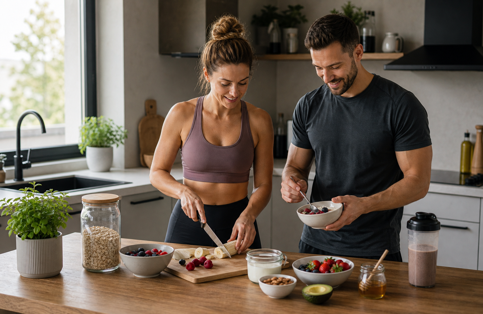 Muz a zena pripravuju udrzatelny plan stravy a treningu v modernom fitness studiu