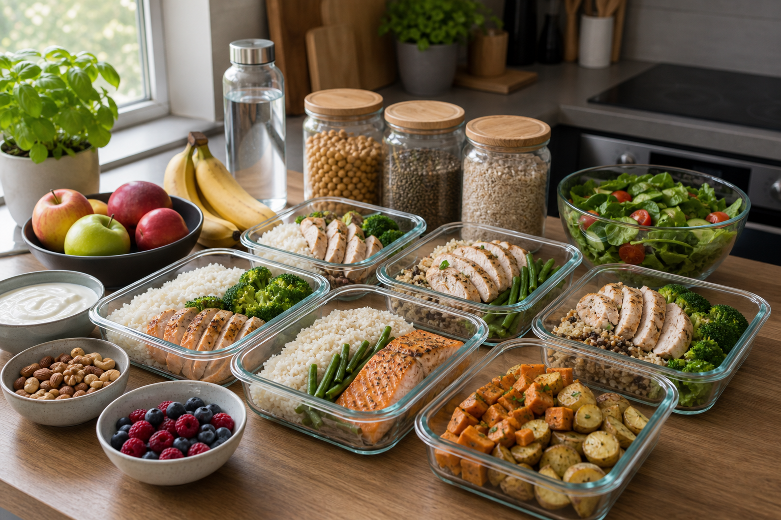 Meal prep s ryzou, rybou, masom, strukovinami a zeleninou pripraveny na viac dni