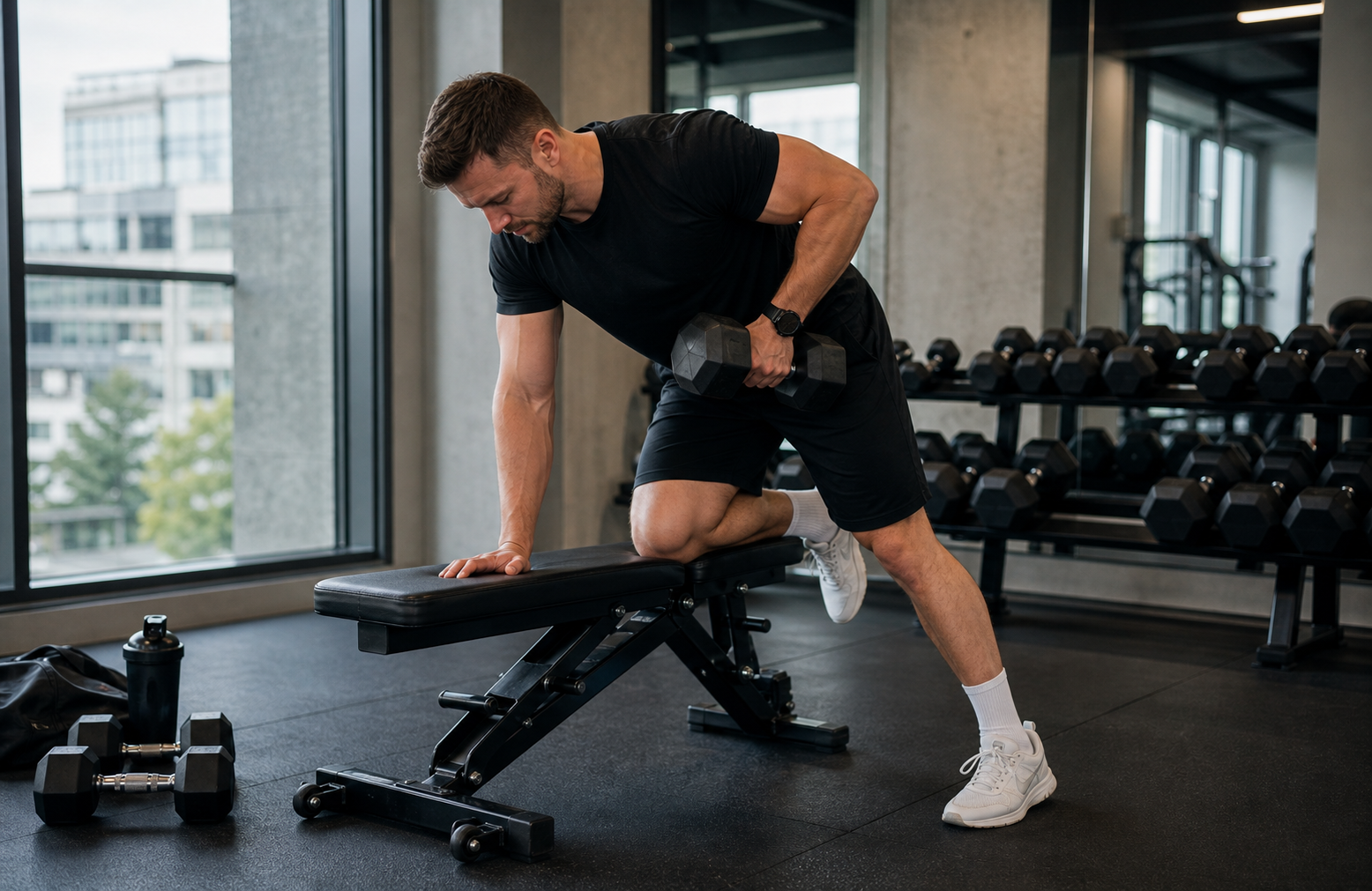 Sportovec cvici sam s dumbbellmi v modernej posilnovni