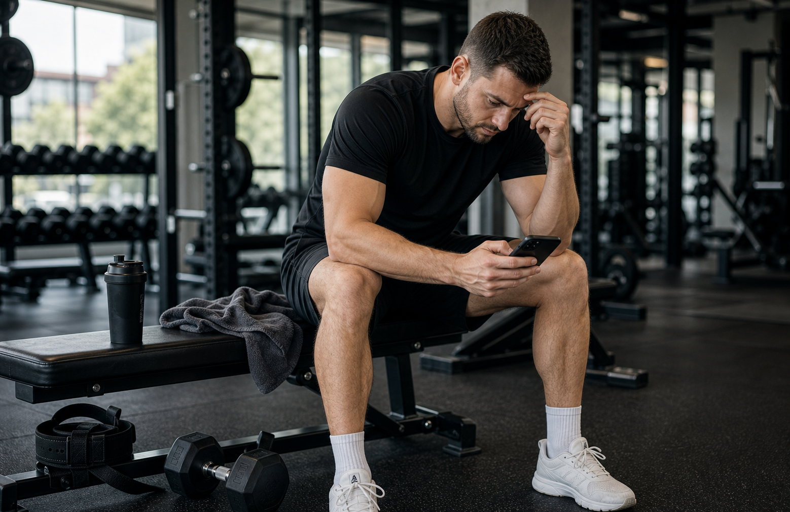 Sportovec v gym prostredi premysla nad progresom a kontroluje trening na telefone